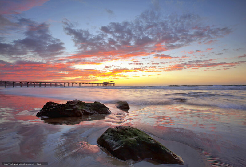 Pier at Sunset — Orange, Serene, Photograph, Rocks
