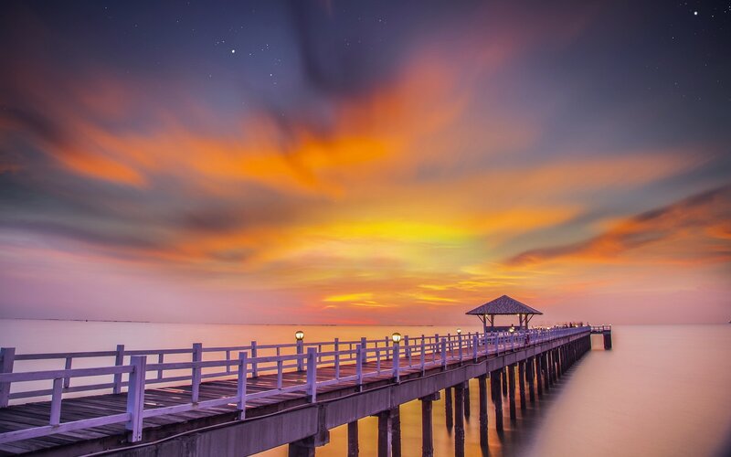 Pier at Sunset — Orange, Serene, Photograph, Sky, Clouds