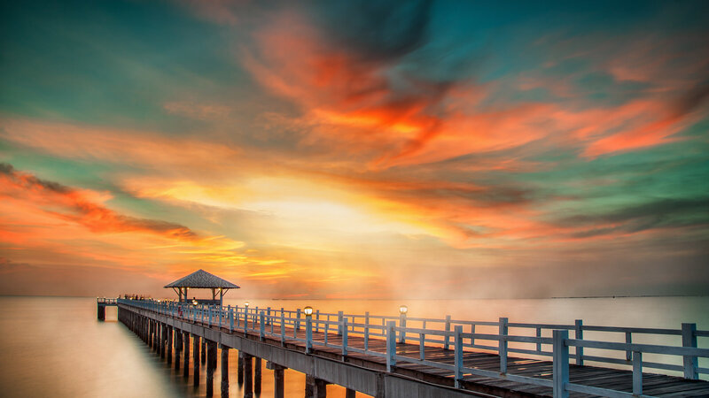 Pier at Sunset — Orange, Serene, Photograph, Sky, Ocean, Gazebo