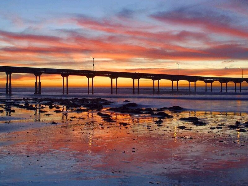 Pier at Sunset — Orange, Serene, Photograph, Sky, Ocean, Rocks