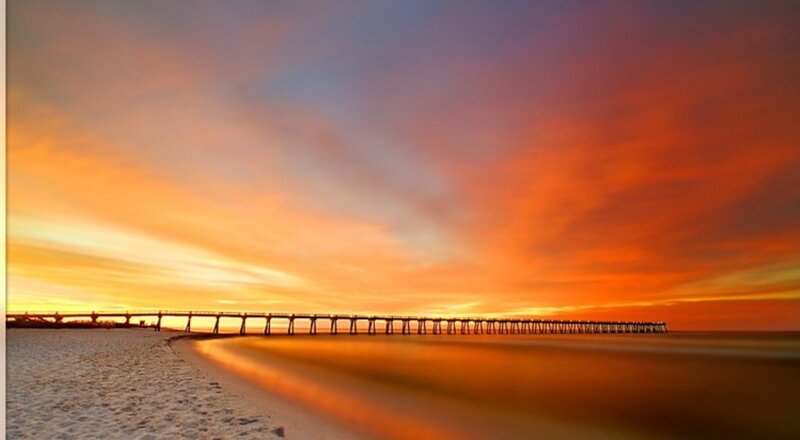 Pier at Sunset — Orange, Serene, Photograph, Sky