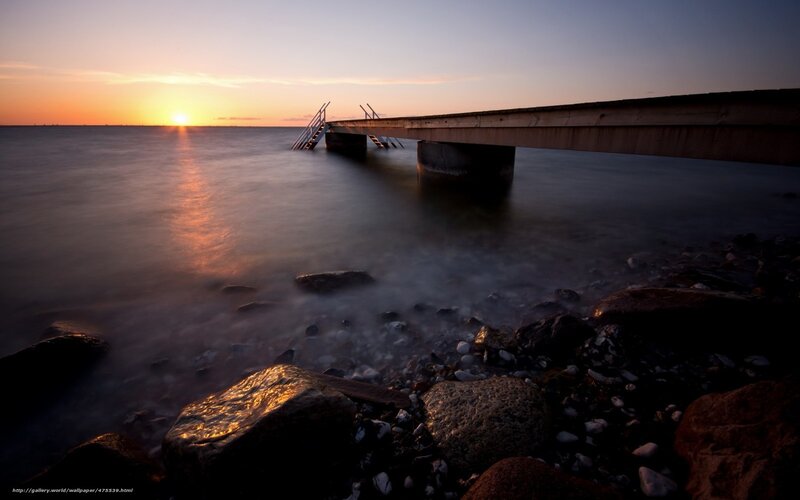 Pier at Sunset — Orange, Serene, Photograph, Sun, Rocks