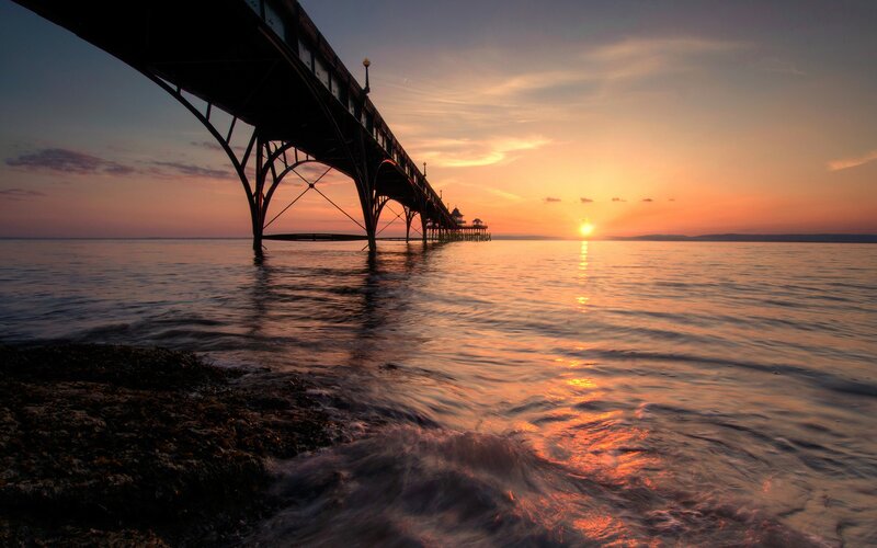 Pier at Sunset — Orange, Serene, Photograph, Sun, Sea, Sky, Blue