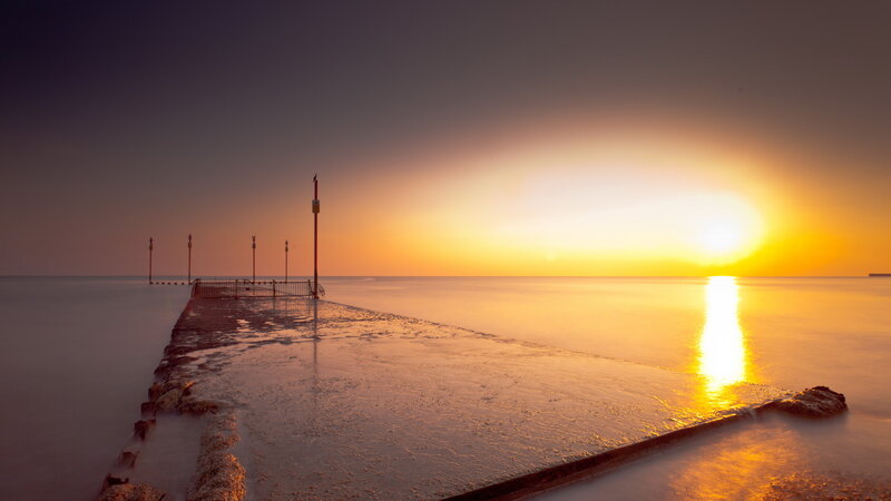 Pier at Sunset — Orange, Serene, Photograph, Sun, Sea, Sky