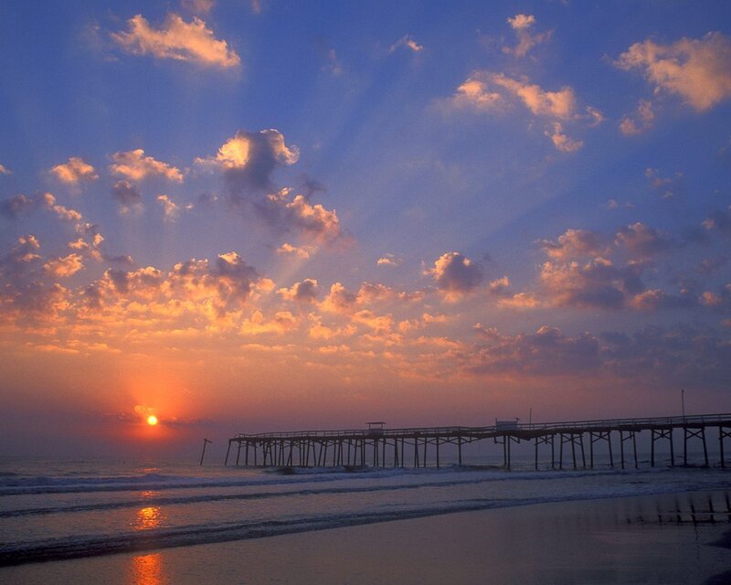 Pier at Sunset — Orange, Serene, Photograph, Sun