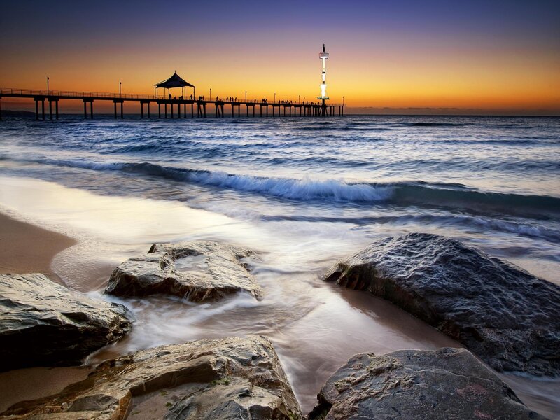 Pier at Sunset — Orange, Serene, Photograph