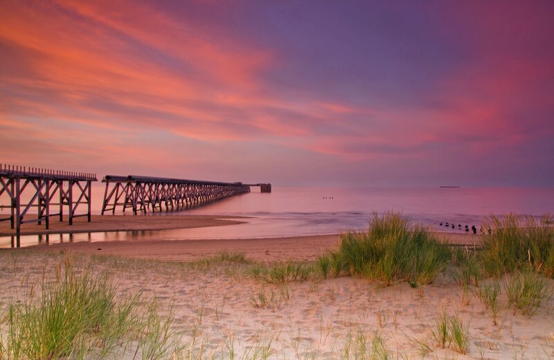 Pier at Sunset — Pink, Serene, Photograph, Beach