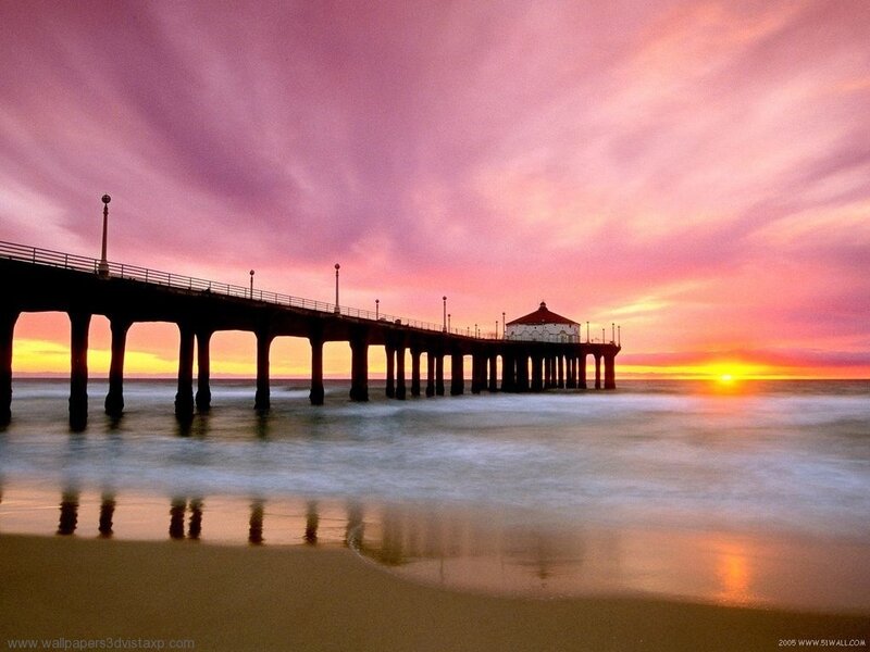 Pier at Sunset — Pink, Serene, Photograph, Ocean, Sky, Beach