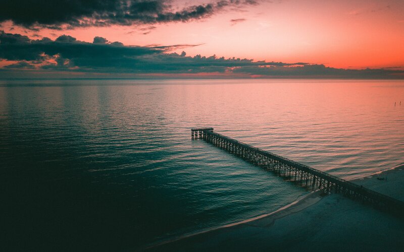 Pier at Sunset — Pink, Serene, Photograph, Ocean, Sky, Clouds