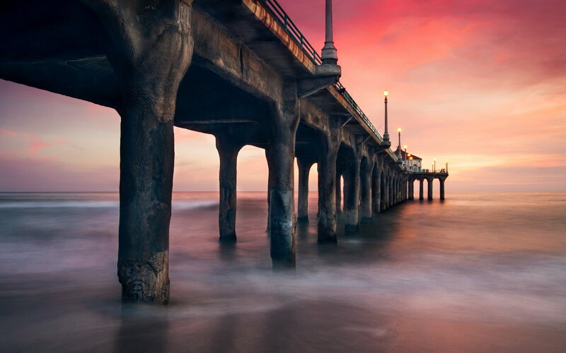 Pier at Sunset — Pink, Serene, Photograph, Ocean