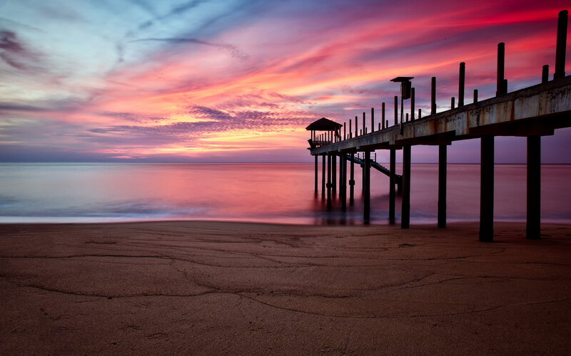 Pier at Sunset — Pink, Serene, Photograph, Sky