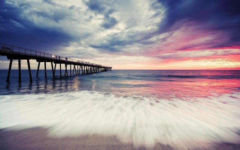 Pier at Sunset — Purple, Dramatic, Photograph, Ocean, Clouds, Beach