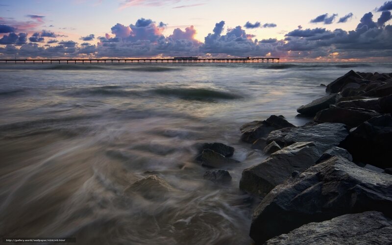 Pier at Sunset — Purple, Dramatic, Photograph, Ocean, Rocks, Clouds