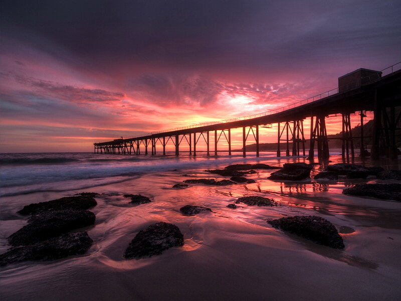 Pier at Sunset — Purple, Dramatic, Photograph, Ocean, Rocks, Sky