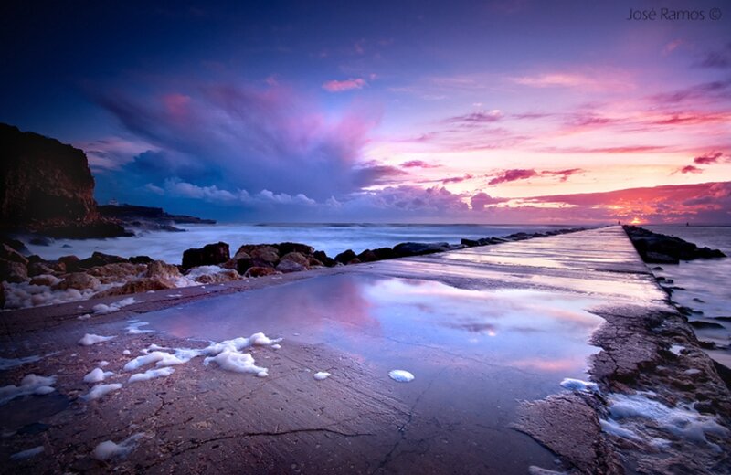 Pier at Sunset — Purple, Dramatic, Photograph, Ocean, Rocks