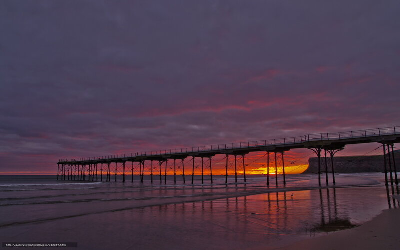 Pier at Sunset — Purple, Dramatic, Photograph, Ocean, Sky, Beach