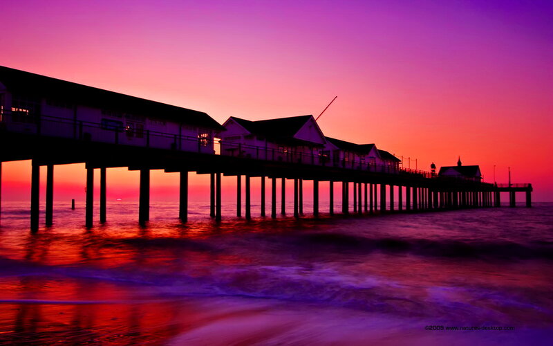 Pier at Sunset — Purple, Dramatic, Photograph, Ocean, Sky, Buildings