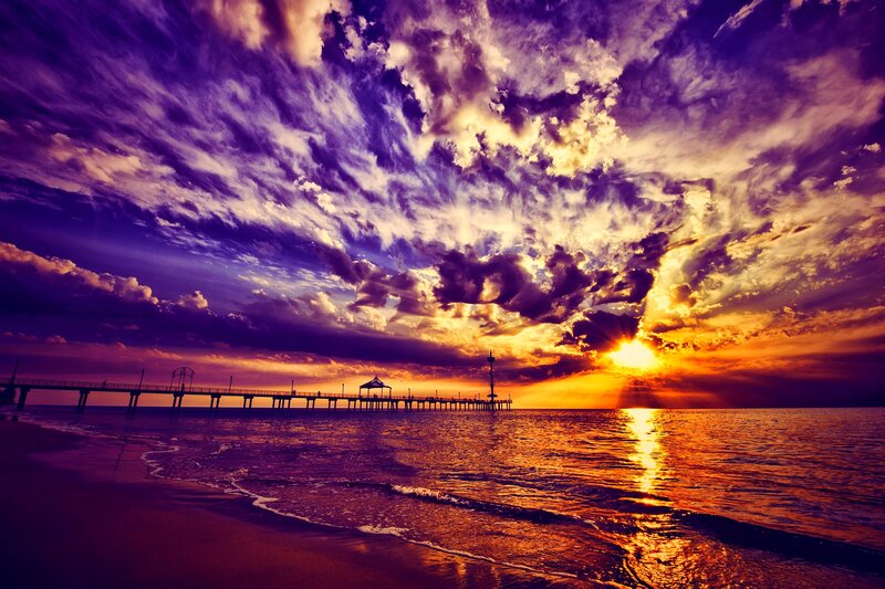 Pier at Sunset — Purple, Dramatic, Photograph, Ocean, Sky, Clouds