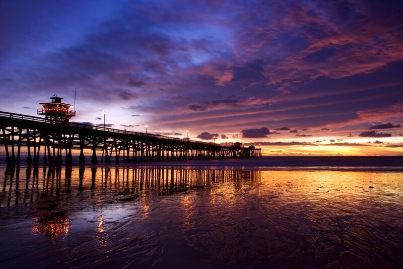 Pier at Sunset — Purple, Dramatic, Photograph, Sky, Beach