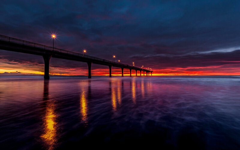 Pier at Sunset — Purple, Dramatic, Photograph, Sky, Lights