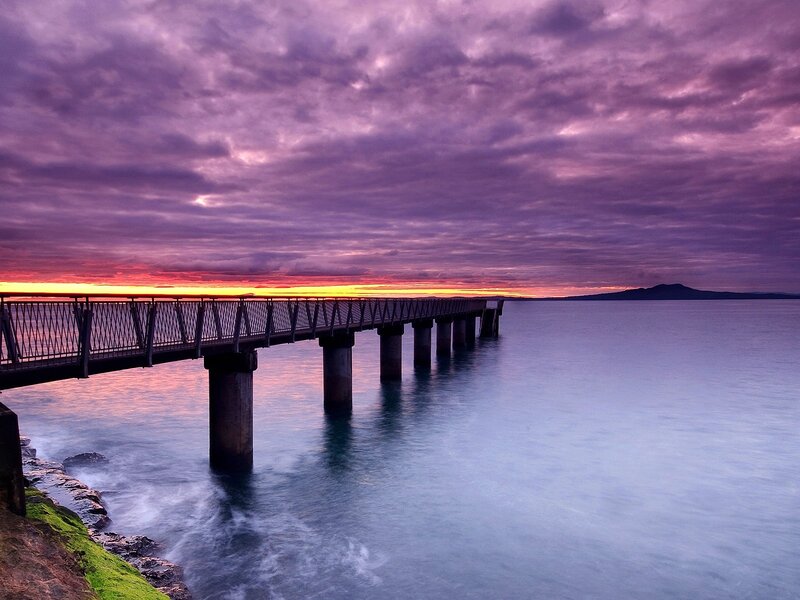 Pier at Sunset — Purple, Dramatic, Photograph, Sky, Ocean, Mountain, Pink