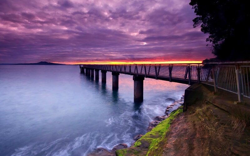 Pier at Sunset — Purple, Dramatic, Photograph, Sky, Ocean, Mountain