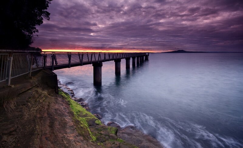 Pier at Sunset — Purple, Dramatic, Photograph, Sky, Ocean, Rocks