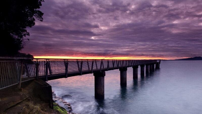 Pier at Sunset — Purple, Dramatic, Photograph, Sky, Ocean, Trees