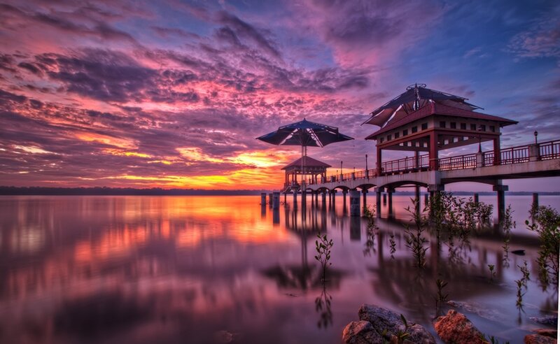 Pier at Sunset — Purple, Dramatic, Photograph, Sky, Water, Gazebo