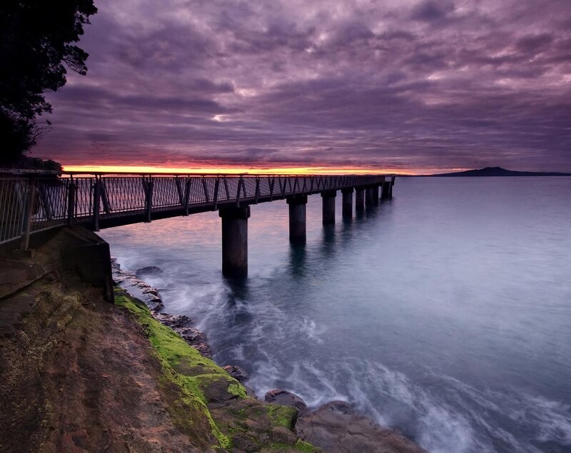 Pier at Sunset — Purple, Rocks