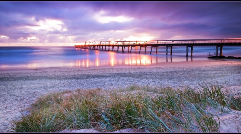 Pier at Sunset — Purple, Serene, Photograph, Beach