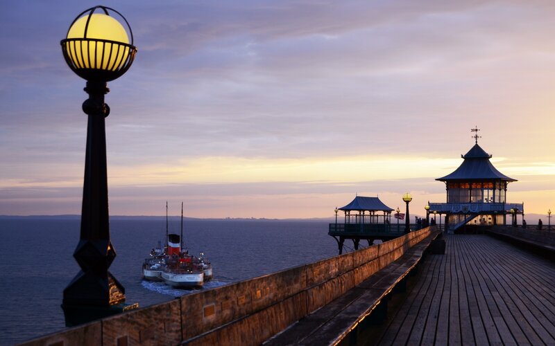 Pier at Sunset — Purple, Serene, Photograph, Lamp Post