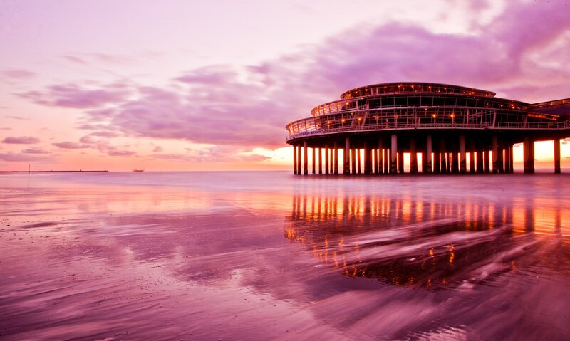 Pier at Sunset — Purple, Serene, Photograph, Ocean, Sky, Clouds, Pink, Orange