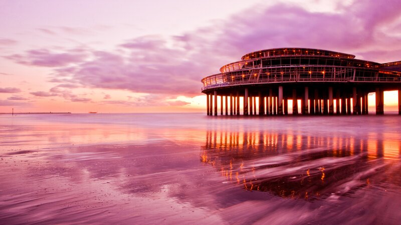Pier at Sunset — Purple, Serene, Photograph, Ocean, Sky, Clouds