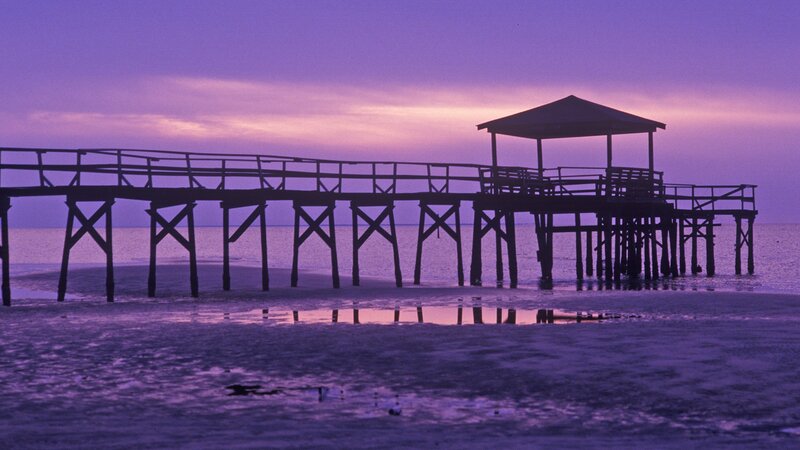 Pier at Sunset — Purple, Serene, Photograph, Ocean, Sky, Gazebo
