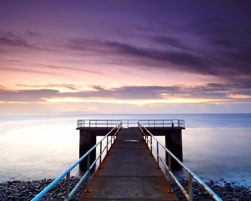 Pier at Sunset — Purple, Serene, Photograph, Ocean, Sky, Pebbles, Pink