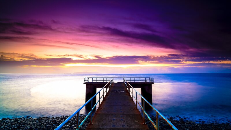 Pier at Sunset — Purple, Serene, Photograph, Ocean, Sky, Rocks, Blue