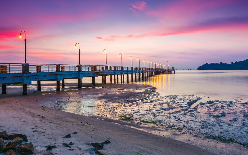 Pier at Sunset — Purple, Serene, Photograph, Sky, Beach