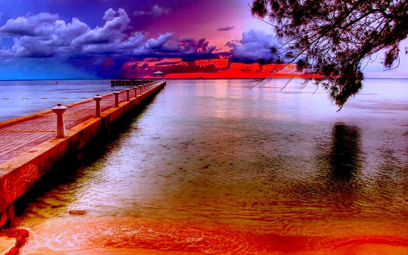Pier at Sunset — Red, Dramatic, Photograph, Clouds