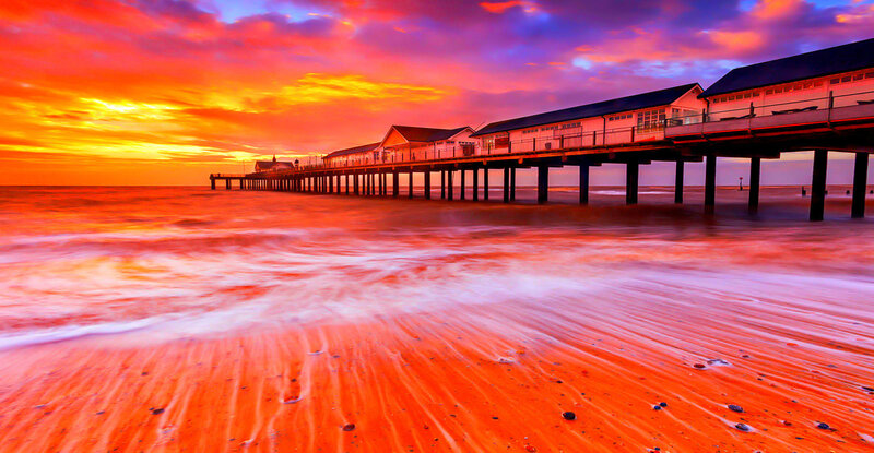 Pier at Sunset — Red, Dramatic, Photograph, Ocean, Sky