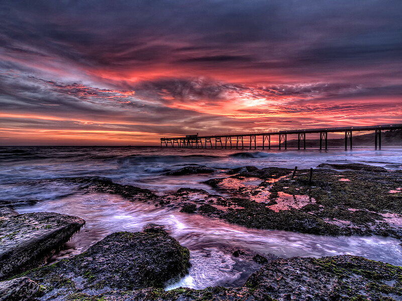 Pier at Sunset — Red, Dramatic, Photograph, Ocean