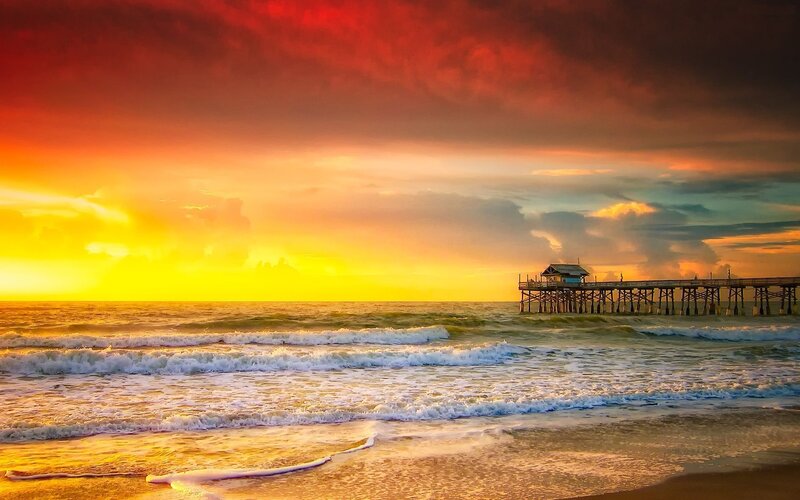 Pier at Sunset — Red, Dramatic, Photograph, Ocean, Waves