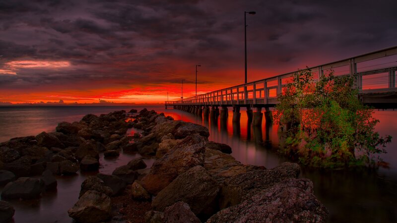 Pier at Sunset — Red, Dramatic, Photograph, Rocks, Sky