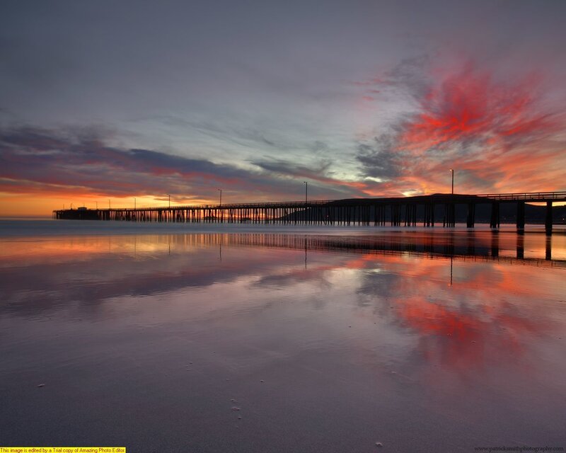 Pier at Sunset — Red, Dramatic, Photograph, Sky, Beach