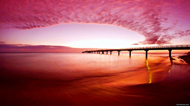 Pier at Sunset — Red, Dramatic, Photograph, Sky, Ocean, Beach