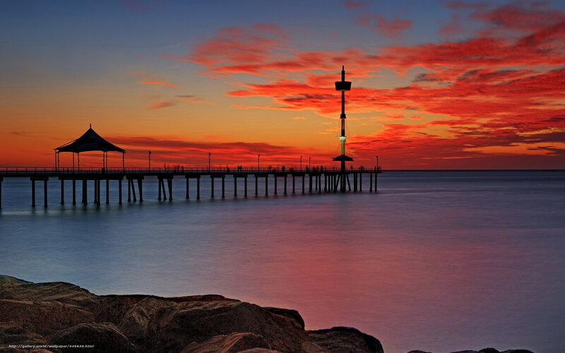 Pier at Sunset — Red, Dramatic, Photograph, Sky, Ocean, Rocks