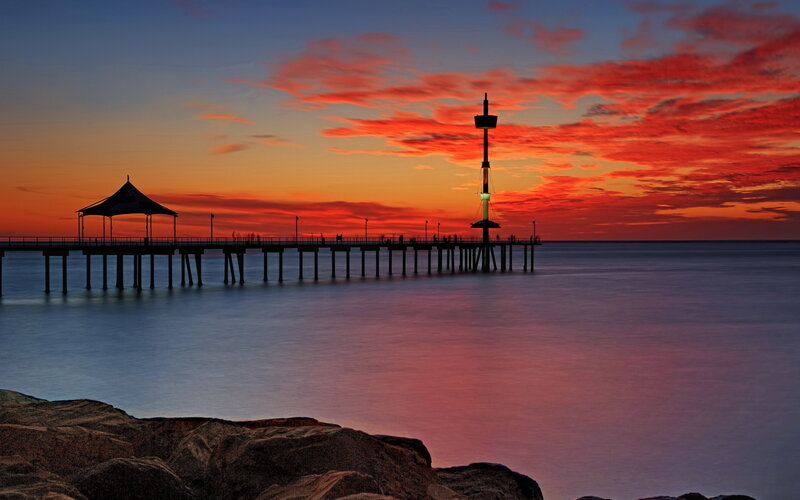 Pier at Sunset — Red, Dramatic, Photograph, Sky, Ocean
