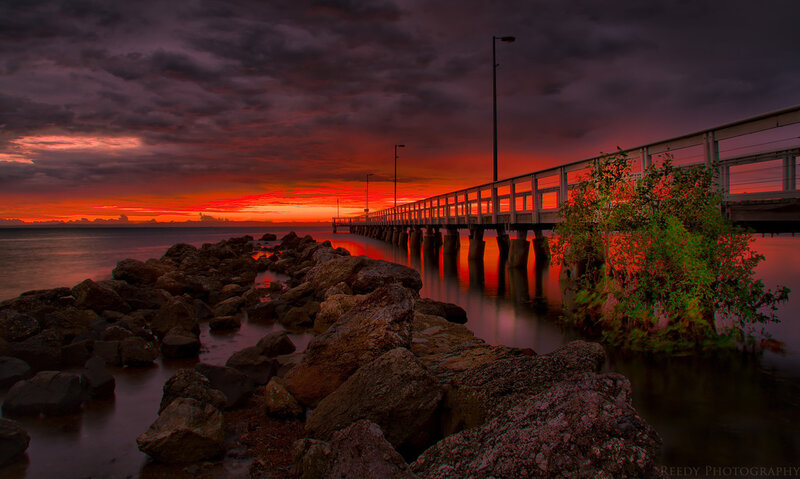 Pier at Sunset — Red, Dramatic, Photograph, Sky, Rocks