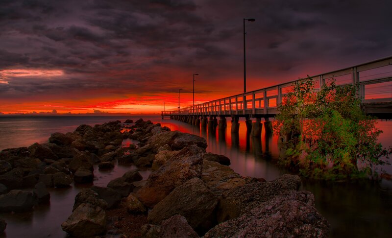 Pier at Sunset — Red, Dramatic, Photograph, Sky