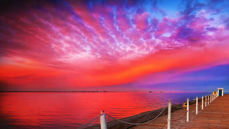 Pier at Sunset — Red, Dramatic, Photograph, Sky, Water, Dock